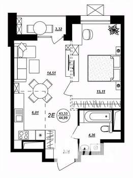 2-к квартира, строящийся дом, 45м2, 3/17 этаж