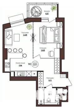 1-к квартира, строящийся дом, 44м2, 14/23 этаж
