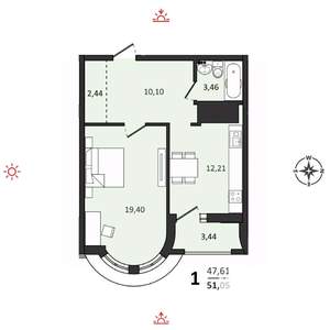 1-к квартира, вторичка, 51м2, 16/25 этаж