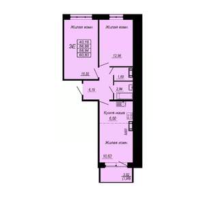 3-к квартира, строящийся дом, 59м2, 1/10 этаж