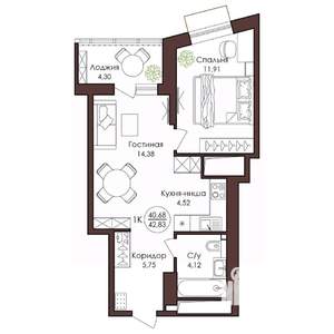 1-к квартира, вторичка, 43м2, 18/23 этаж