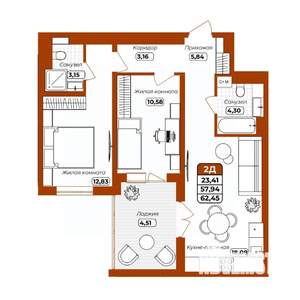 2-к квартира, вторичка, 62м2, 5/12 этаж