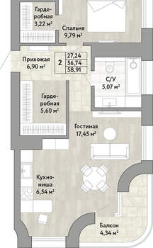2-к квартира, вторичка, 57м2, 18/22 этаж