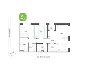 2-к квартира, вторичка, 66м2, 1/9 этаж