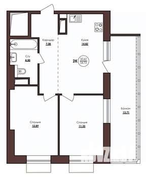 2-к квартира, строящийся дом, 54м2, 15/23 этаж