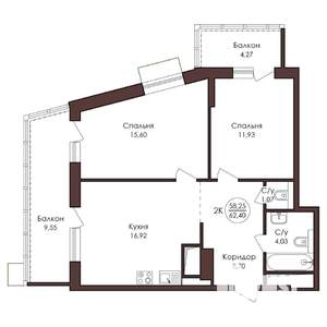 2-к квартира, вторичка, 62м2, 18/23 этаж