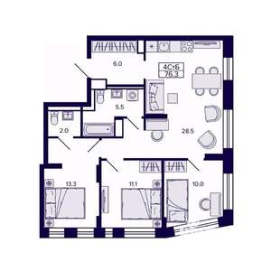 4-к квартира, строящийся дом, 76м2, 27/30 этаж