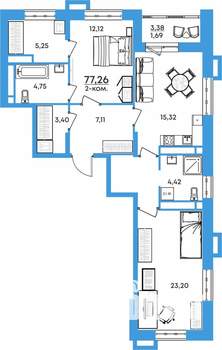 2-к квартира, вторичка, 77м2, 1/17 этаж