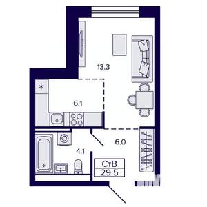 1-к квартира, строящийся дом, 30м2, 19/22 этаж
