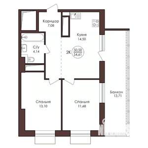 2-к квартира, вторичка, 55м2, 18/23 этаж