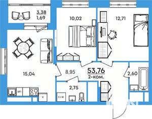 2-к квартира, вторичка, 54м2, 13/17 этаж