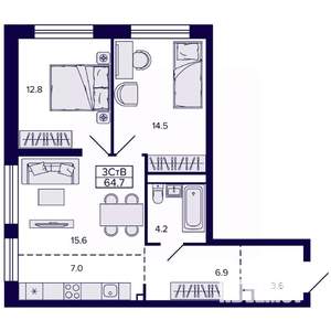 3-к квартира, строящийся дом, 65м2, 4/22 этаж