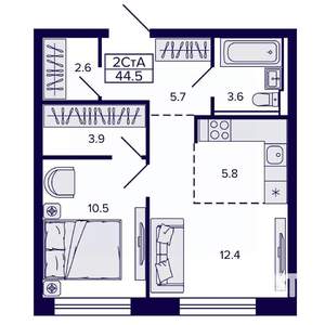 2-к квартира, строящийся дом, 44м2, 2/22 этаж