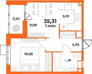 2-к квартира, вторичка, 35м2, 4/10 этаж