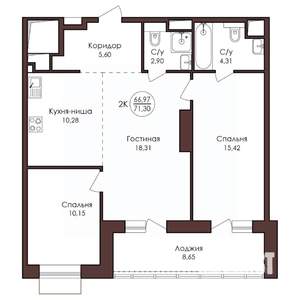 2-к квартира, вторичка, 71м2, 10/23 этаж