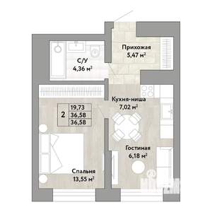 2-к квартира, строящийся дом, 37м2, 17/22 этаж