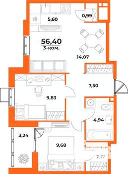 3-к квартира, вторичка, 56м2, 2/10 этаж