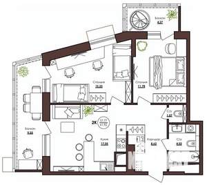 2-к квартира, строящийся дом, 62м2, 10/23 этаж