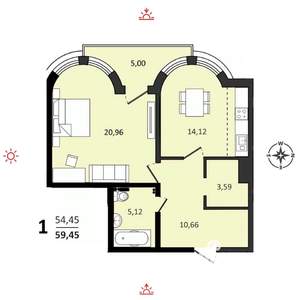 1-к квартира, вторичка, 59м2, 10/25 этаж