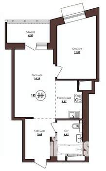 1-к квартира, строящийся дом, 43м2, 11/23 этаж