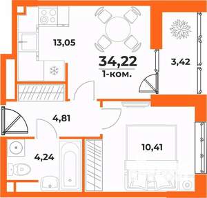 1-к квартира, вторичка, 34м2, 1/10 этаж