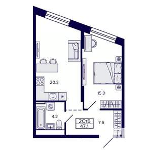 2-к квартира, строящийся дом, 47м2, 19/30 этаж