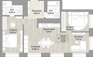 3-к квартира, вторичка, 71м2, 15/22 этаж