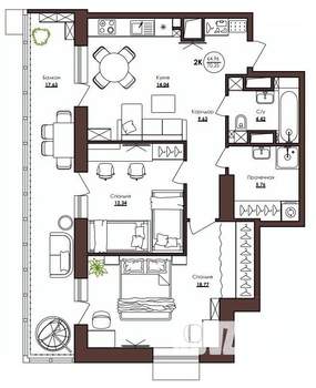 2-к квартира, строящийся дом, 70м2, 10/23 этаж