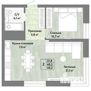 2-к квартира, строящийся дом, 49м2, 21/22 этаж