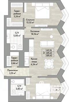 3-к квартира, вторичка, 69м2, 22/22 этаж