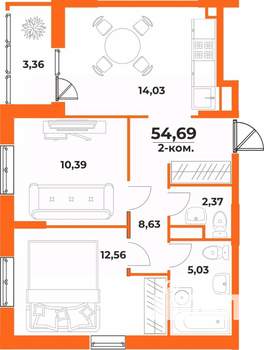 2-к квартира, вторичка, 55м2, 2/10 этаж