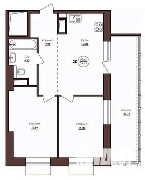 2-к квартира, вторичка, 55м2, 6/23 этаж