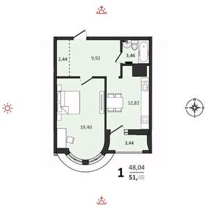 1-к квартира, вторичка, 51м2, 7/25 этаж
