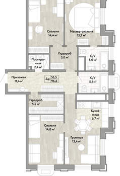 4-к квартира, вторичка, 95м2, 17/21 этаж