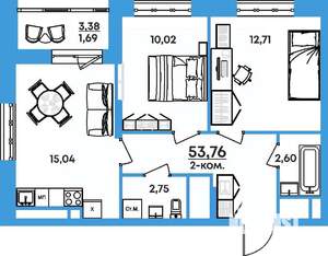 2-к квартира, вторичка, 54м2, 3/17 этаж