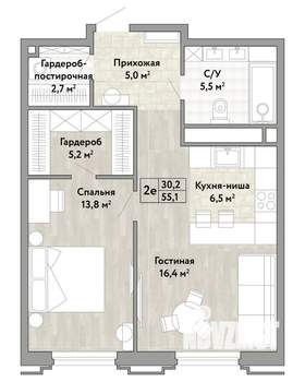 2-к квартира, строящийся дом, 55м2, 19/21 этаж