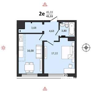 2-к квартира, строящийся дом, 45м2, 2/25 этаж