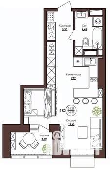 1-к квартира, строящийся дом, 36м2, 2/23 этаж