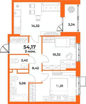 2-к квартира, вторичка, 54м2, 10/10 этаж