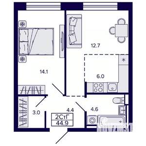 2-к квартира, вторичка, 45м2, 9/22 этаж