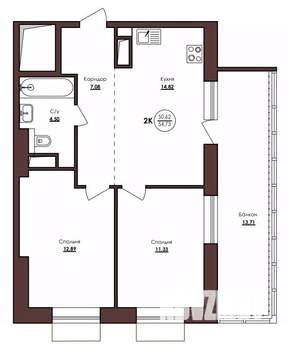2-к квартира, строящийся дом, 54м2, 14/23 этаж