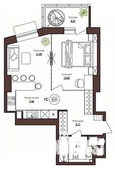 1-к квартира, строящийся дом, 44м2, 12/23 этаж