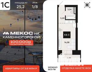 1-к квартира, вторичка, 25м2, 1/8 этаж