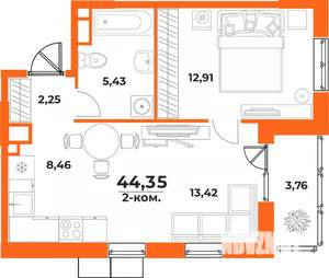 2-к квартира, вторичка, 44м2, 3/10 этаж
