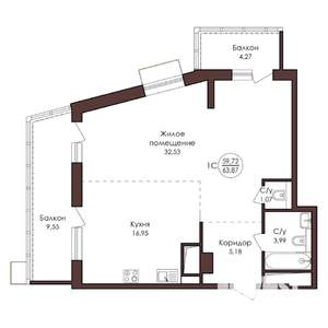 1-к квартира, вторичка, 64м2, 21/23 этаж