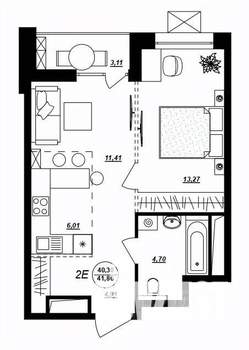 2-к квартира, строящийся дом, 42м2, 11/17 этаж