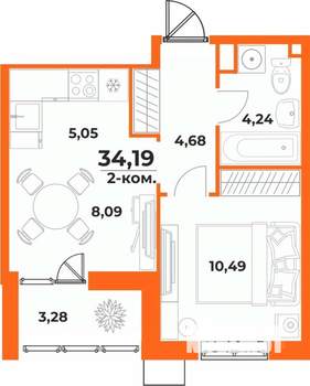 2-к квартира, вторичка, 34м2, 2/10 этаж