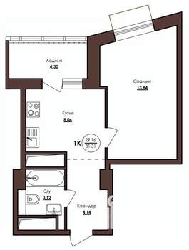 1-к квартира, строящийся дом, 31м2, 18/23 этаж