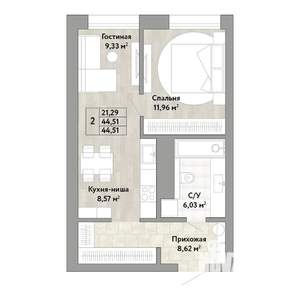 2-к квартира, строящийся дом, 45м2, 15/22 этаж