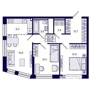 3-к квартира, строящийся дом, 65м2, 4/22 этаж